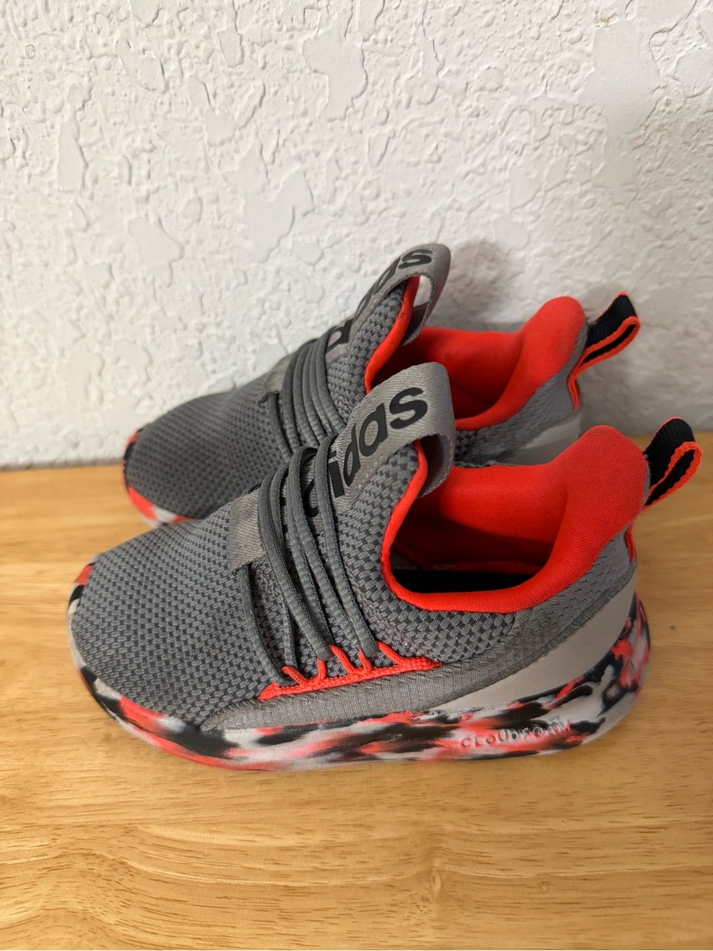 adidas Kids Grey and Red Slip-On Sneakers with Marbled Sole